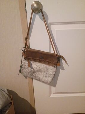 Myrabag Cowhide & canvas bag - Embossed etchings  NWT. OBO